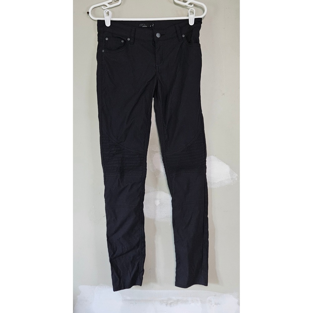 Prana Black Moto Pants Women Size 6 Ribbed Knee Pintuck Slim Fit Tactical Pants